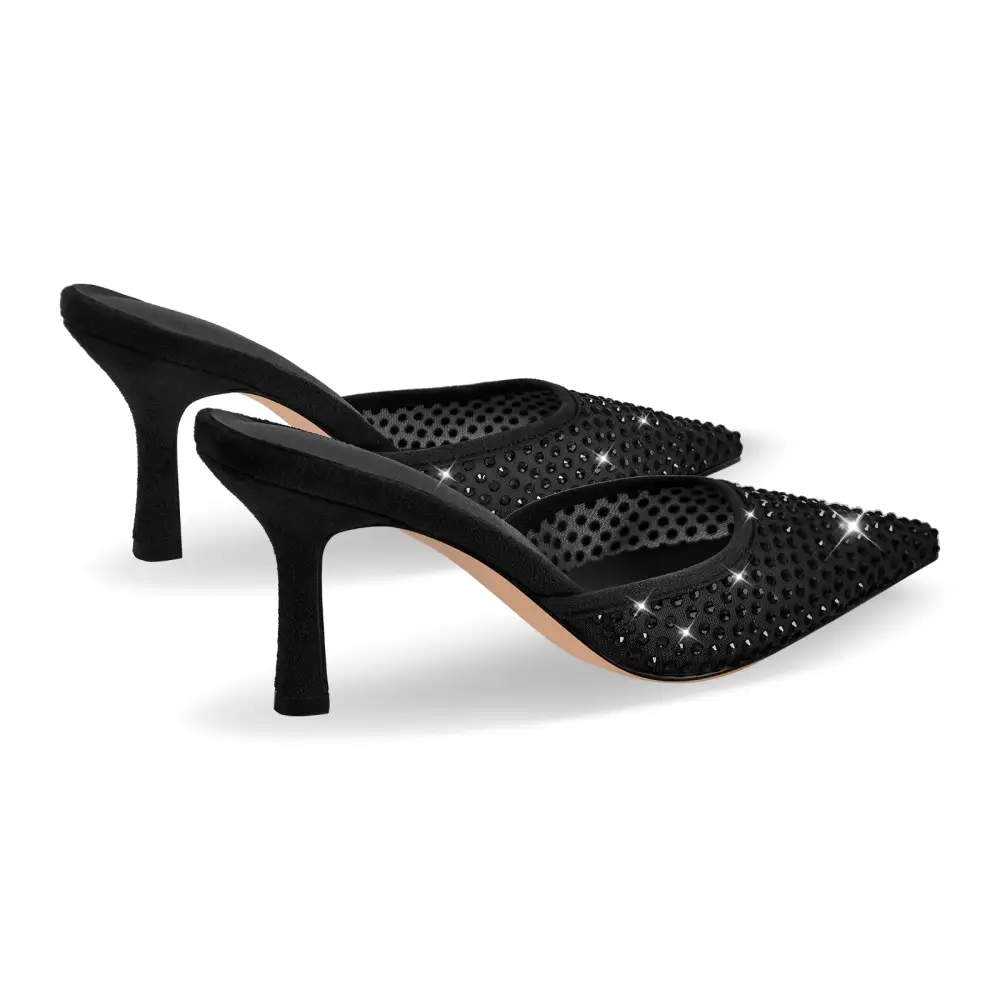 Rhinestone Pointed Toe Stiletto Slip On Heeled Mules