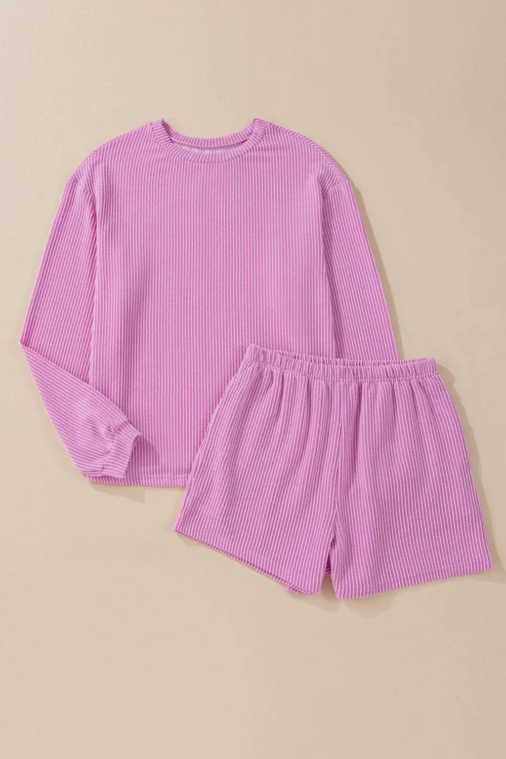 Round Neck Long Sleeve Top And Shorts Set