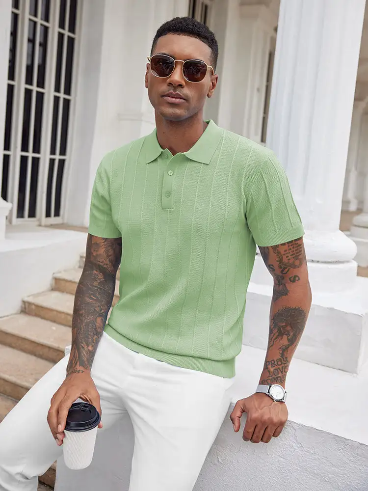 Ribbed Textured Knit Polo Shirt
