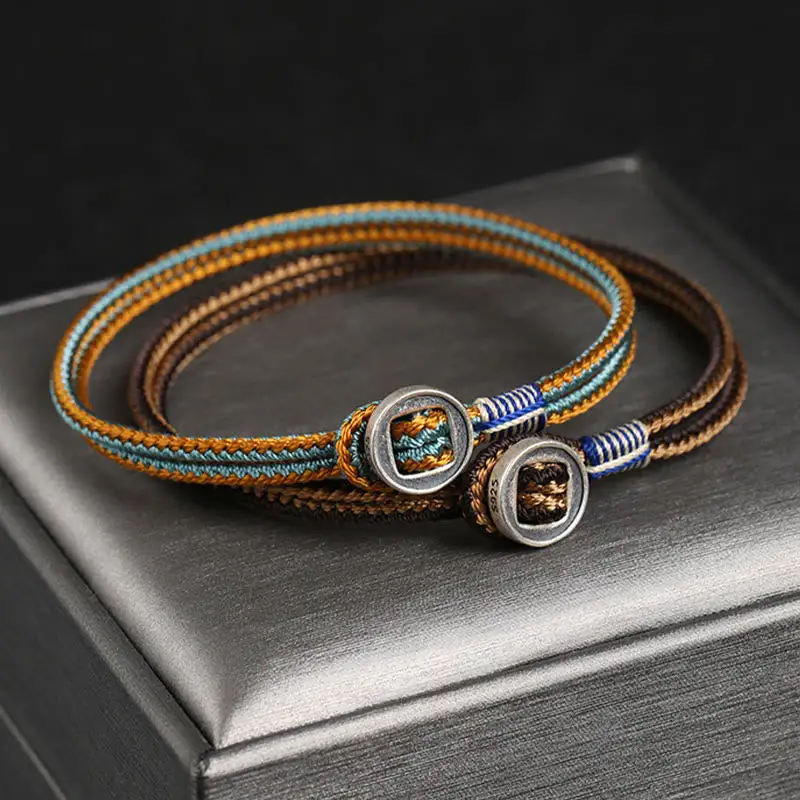 Sterling Silver Handmade Button Weave String Bracelet