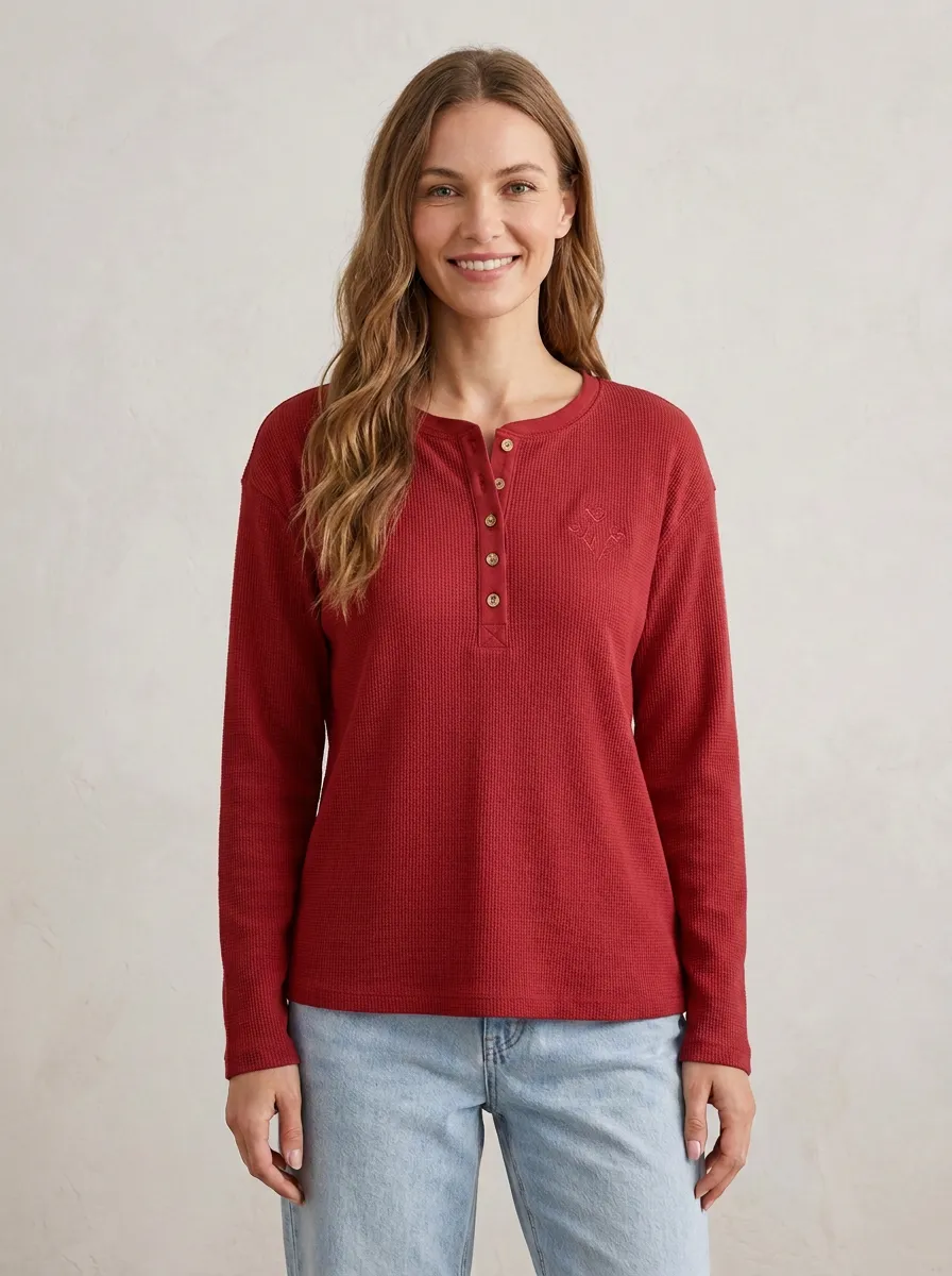 Women's Casual Minimalist Embroidered Waffle Knit Henley Shirt