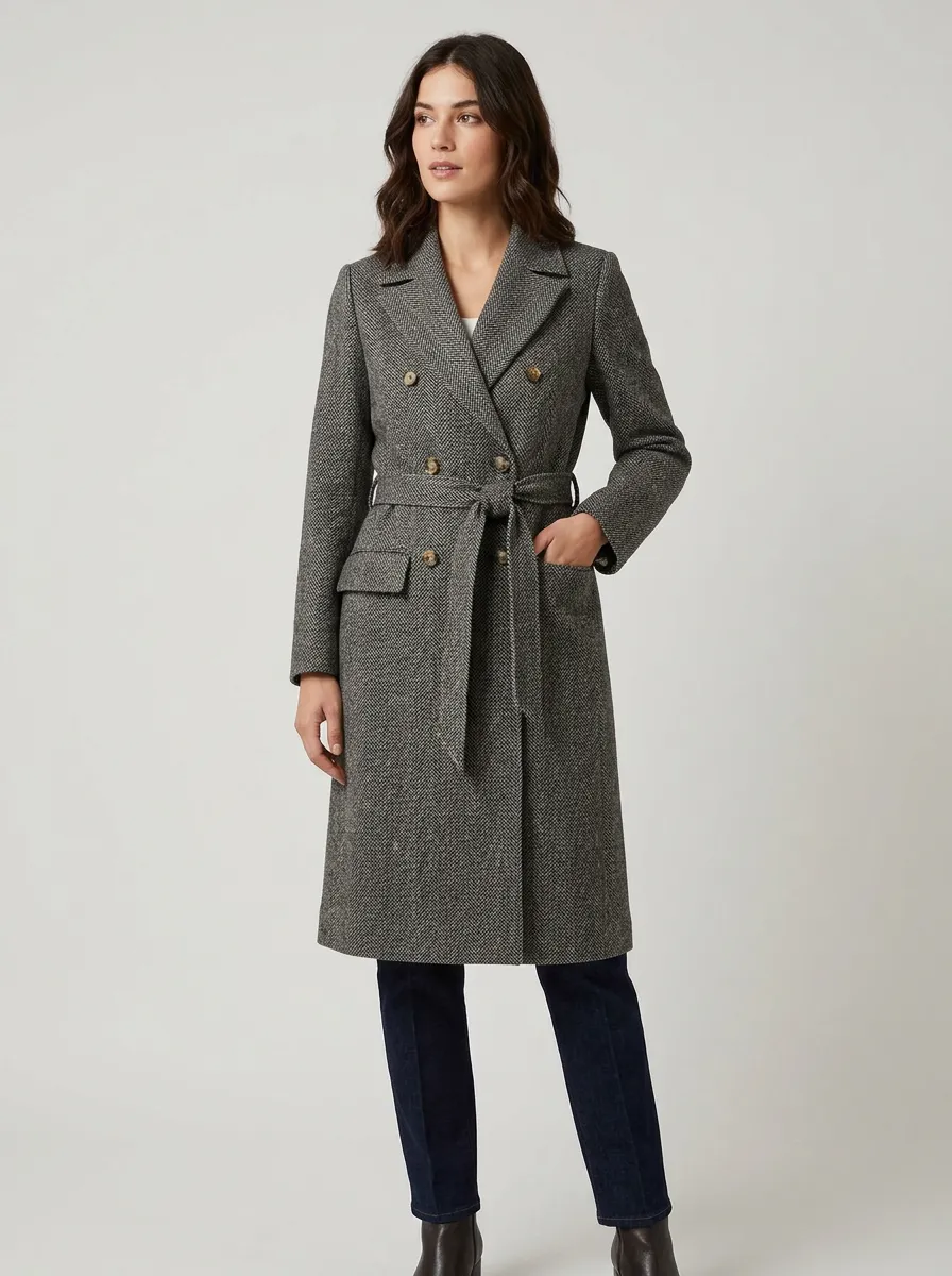 Women's Classic Winter Herringbone Patterned Belted Overcoat