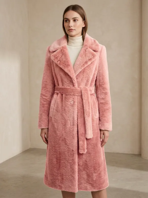 Textured Faux Fur Belted Coat