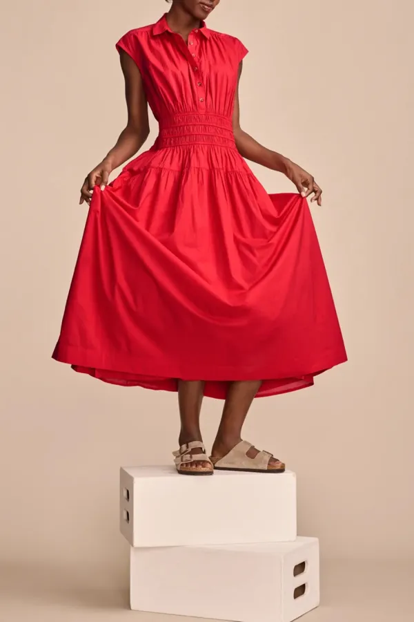 Smocked Dropped Waist Midi Dress