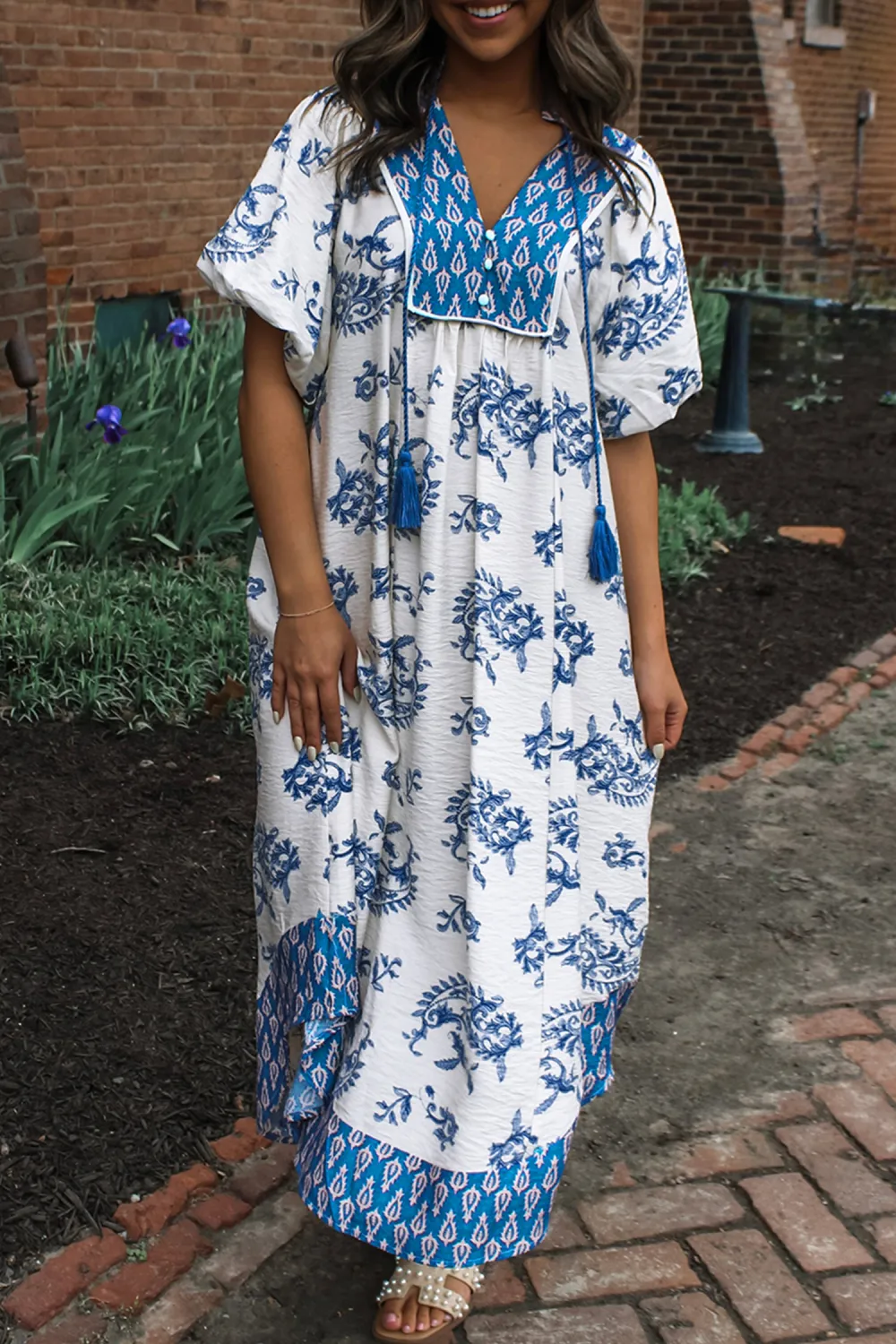 Blue Abstract Tie Neck Dress