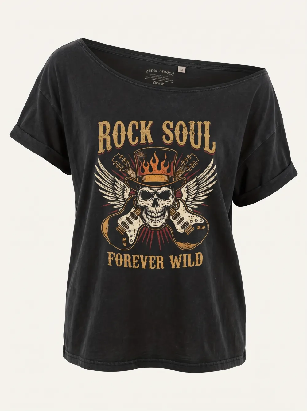 Women's Rock Music Lover Winged Skull Guitar Printed T-shirt