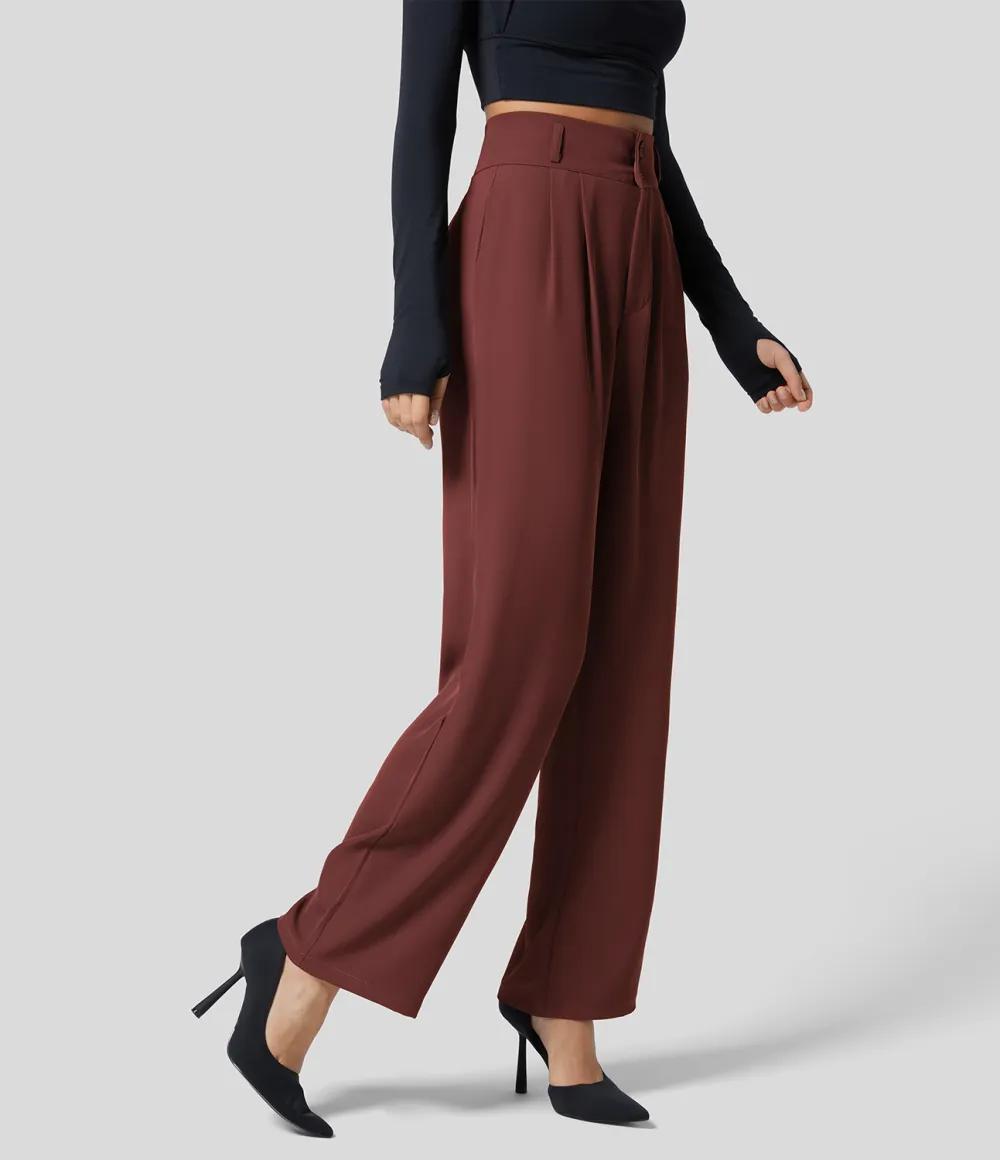 High Waisted Button Zipper Plicated Side Pocket Shirred Straight Leg Work Pants