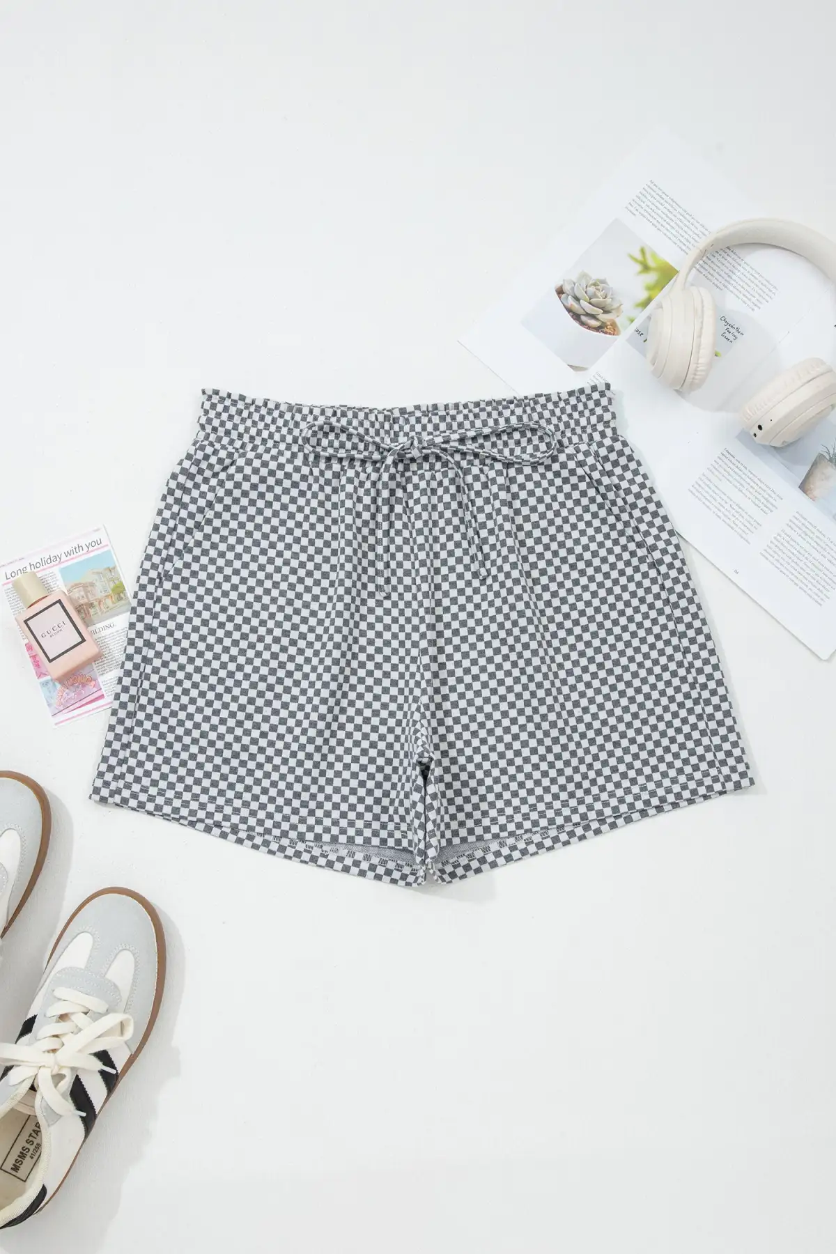 Checkerboard Print Drawstring Elastic Waist Pocketed Shorts