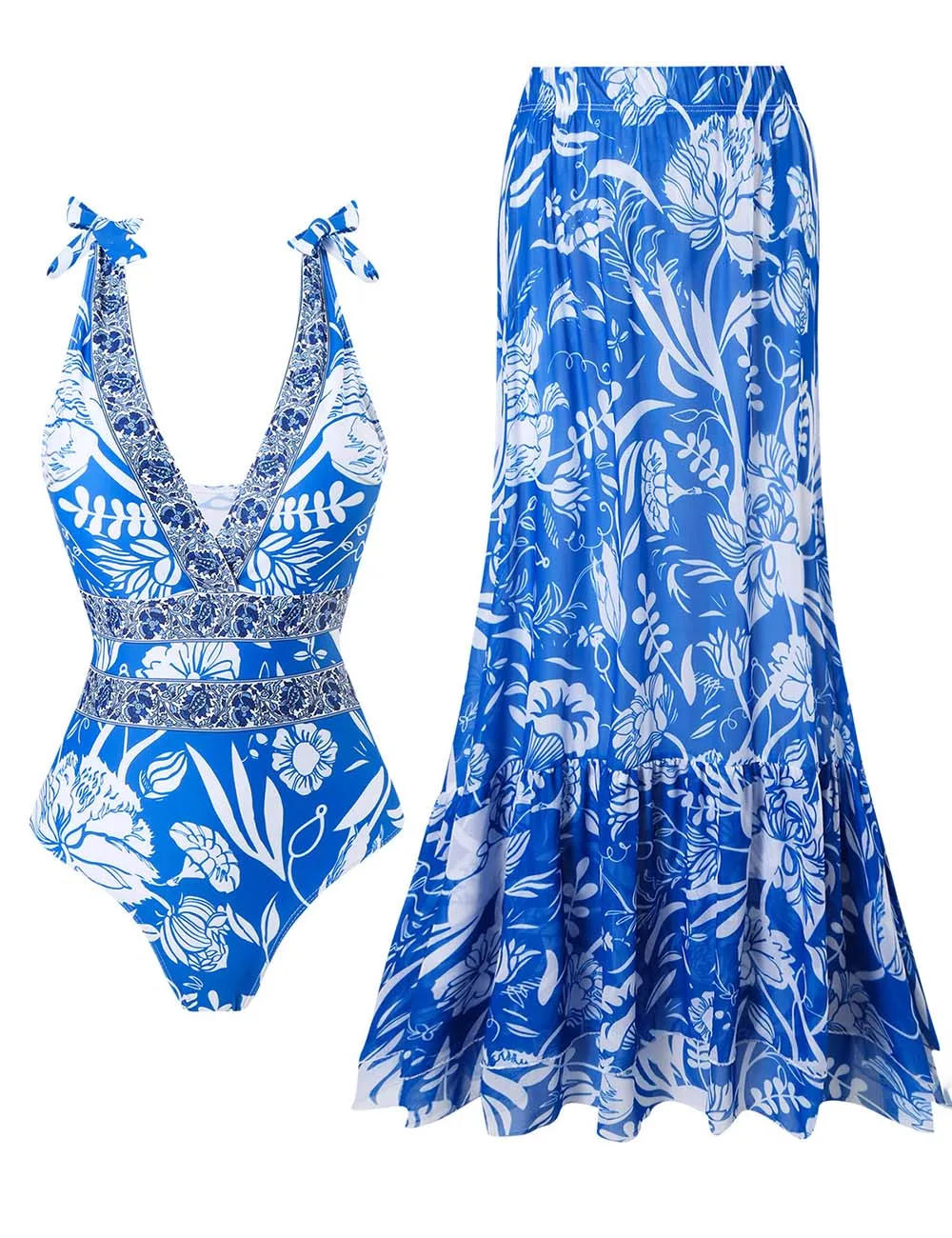 One Piece Swimsuit with Ruffle Hem Cover Up Skirt Set