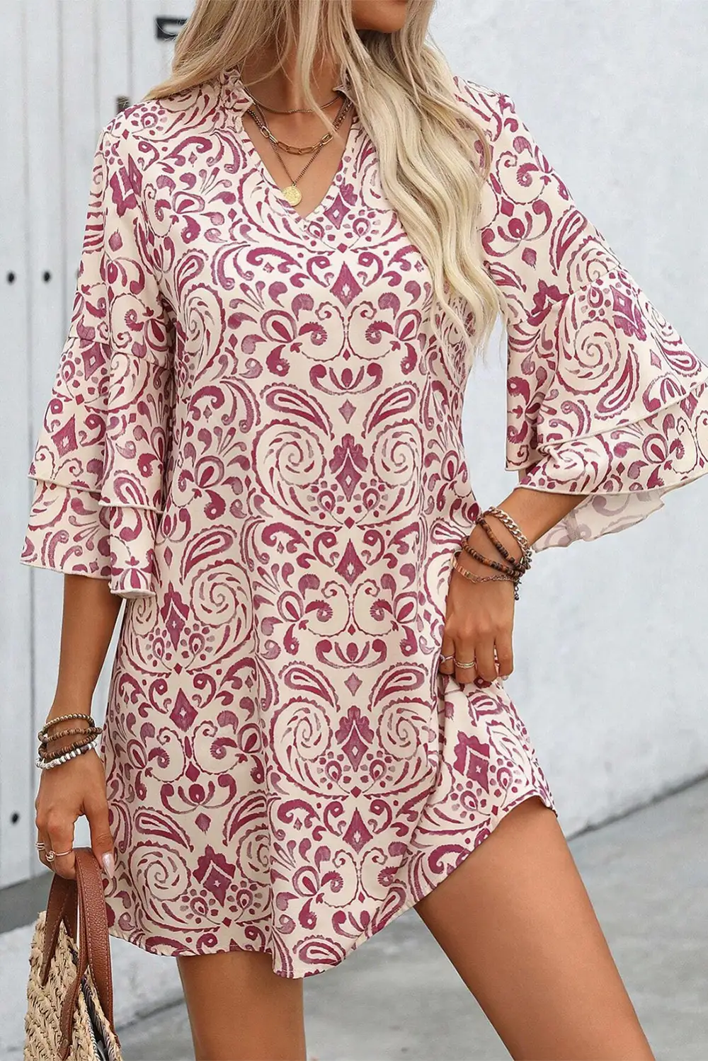 Paisley Print Tiered Sleeve Notched Neck Mini Dress