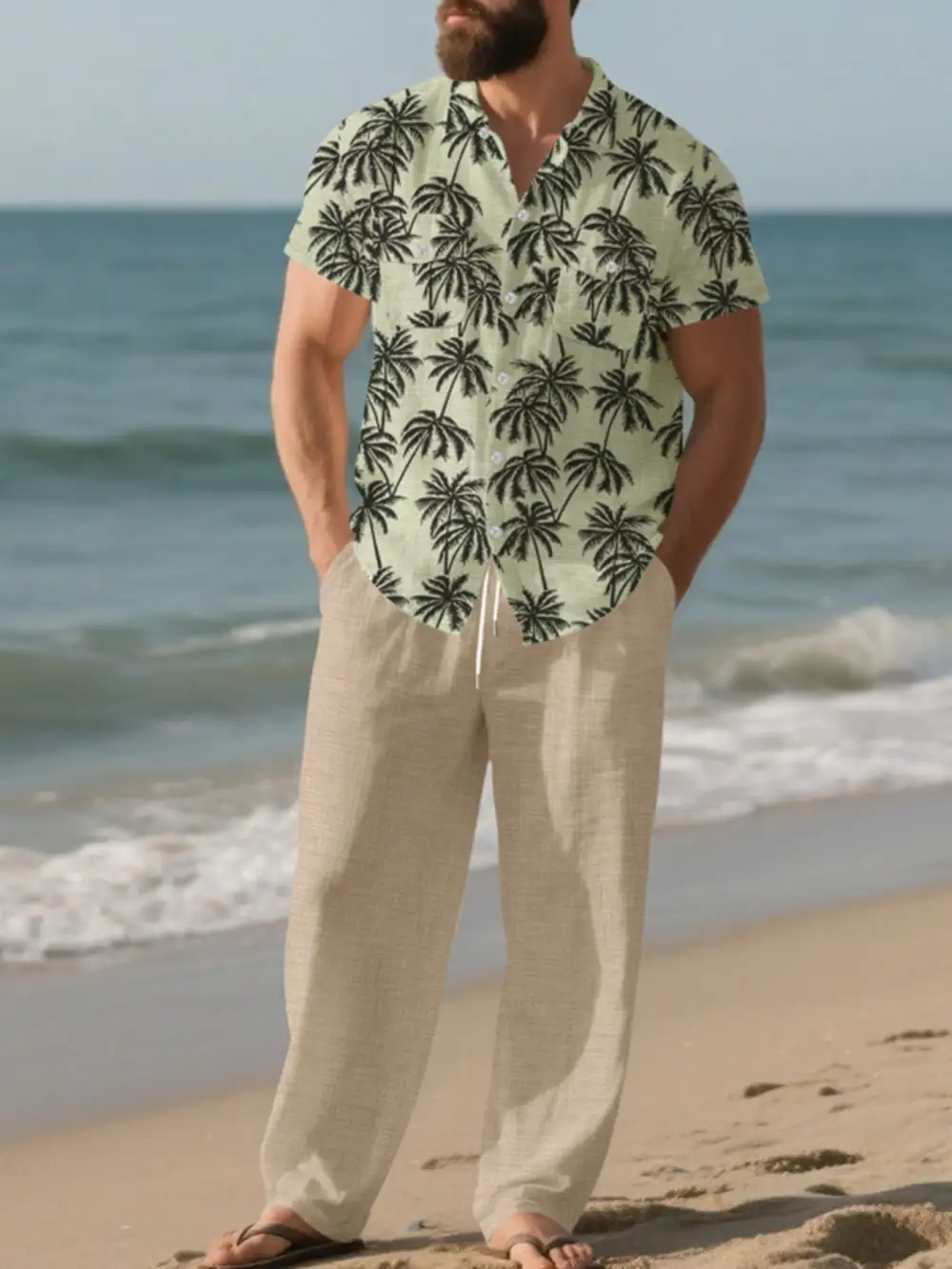 Men's Full Size Tropical Palm Print Button Up