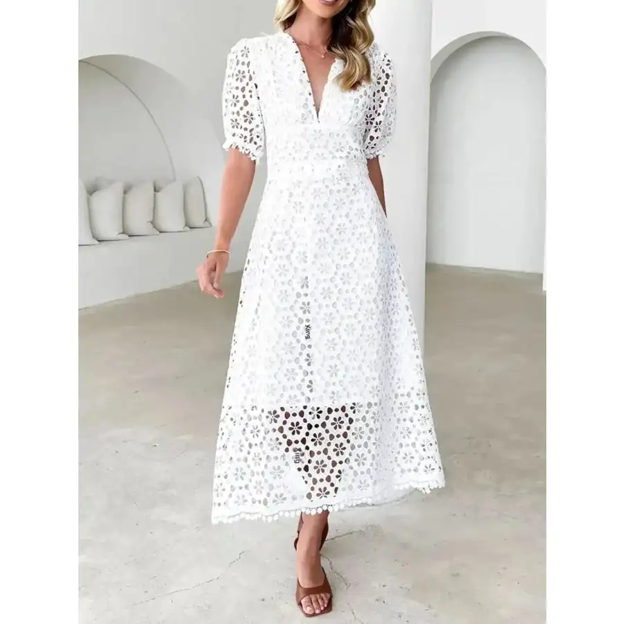 Eyelet Lace V-Neck Midi Dress with Puff Sleeves