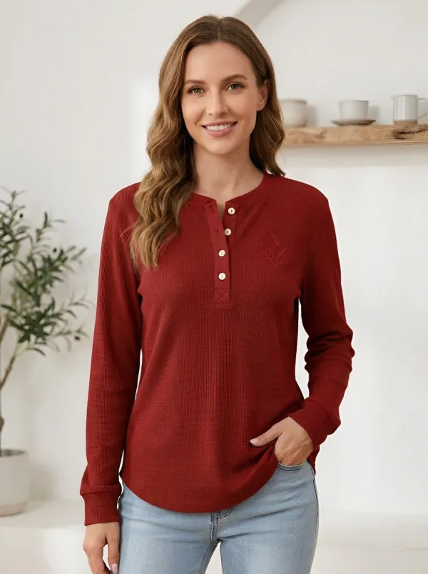 Women's Nature Lover Olive Leaf Printed Waffle Henley Shirt
