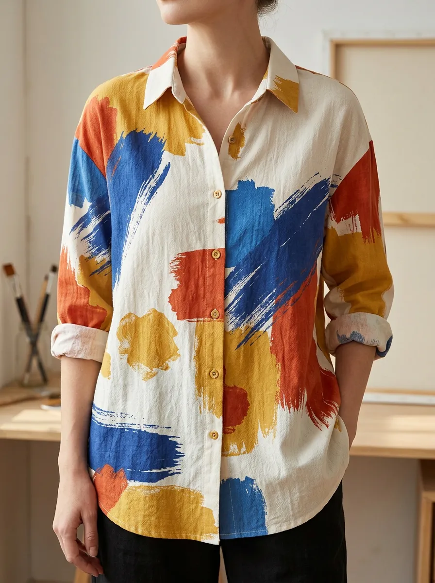 Women's Abstract Art Colorful Brushstroke Printed Shirt