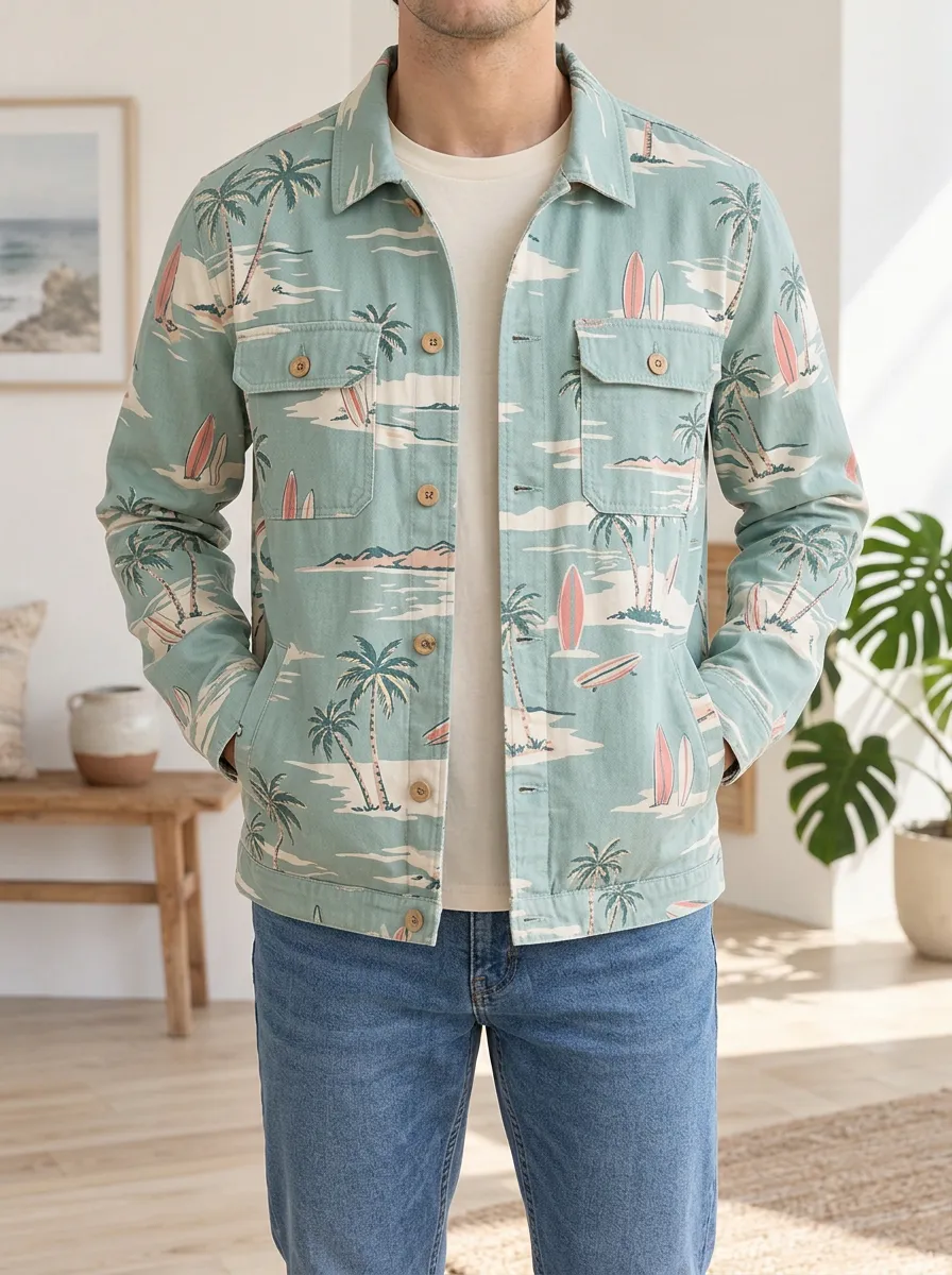 Men's Tropical Beach Surfer Palm Tree Printed Jacket