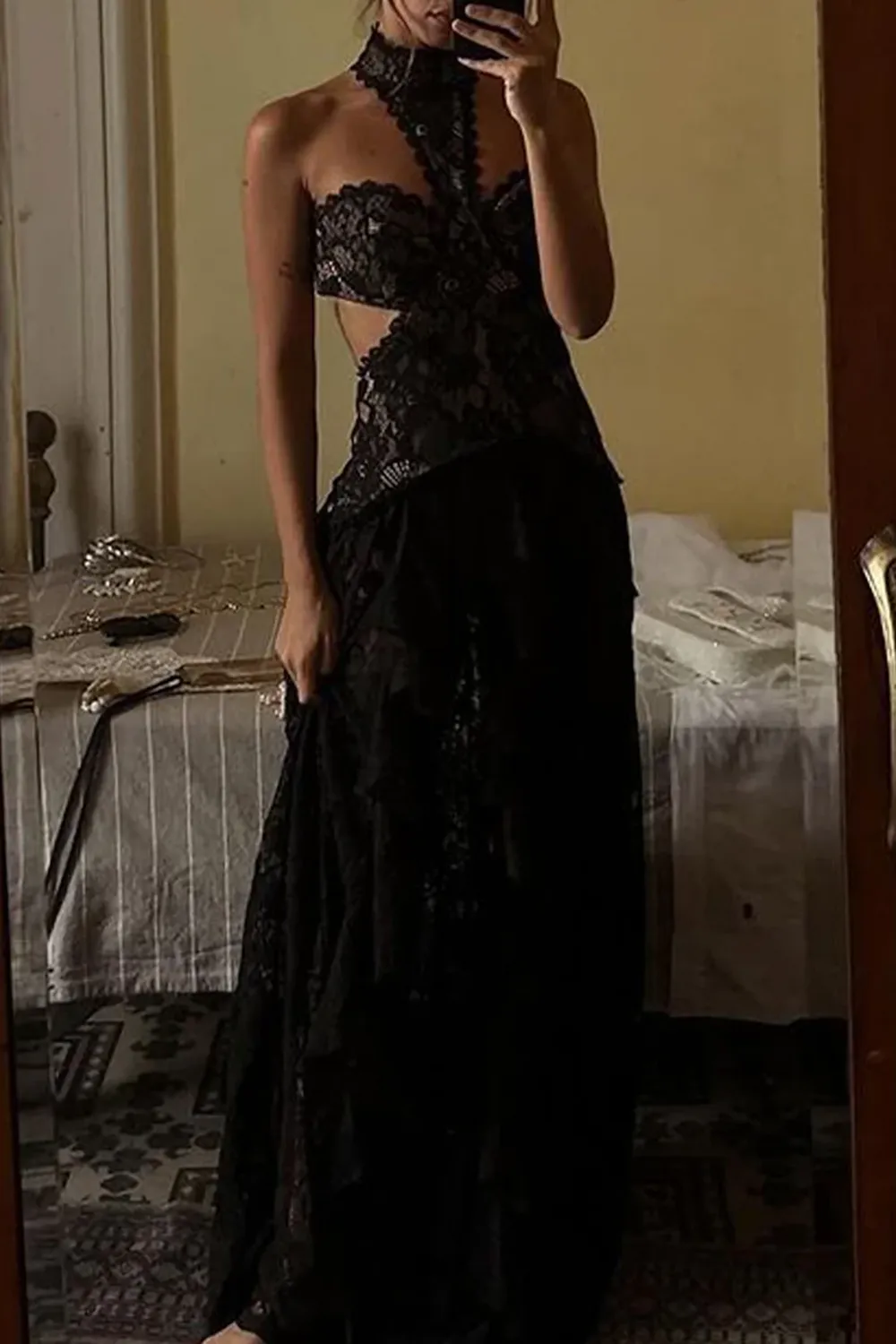 Black Lace Drop Waist Maxi Dress