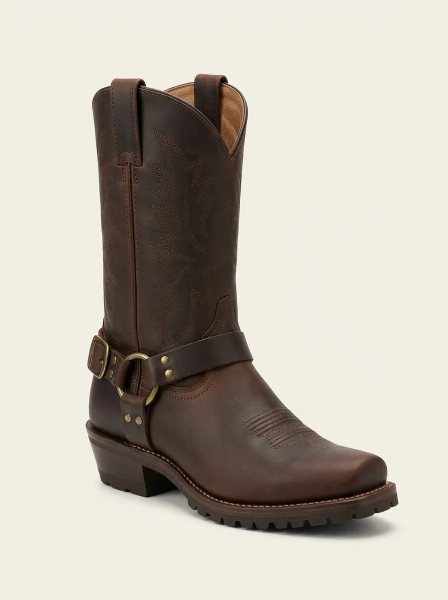 Men's Frontier Western Brown Leather Harness Printed Boots