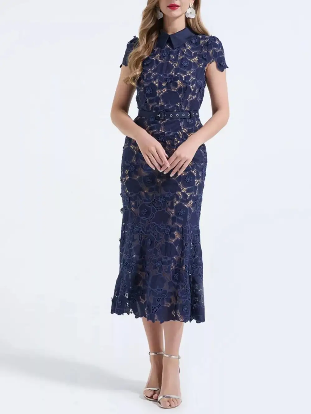 Floral Lace Short Sleeve Midi Dress