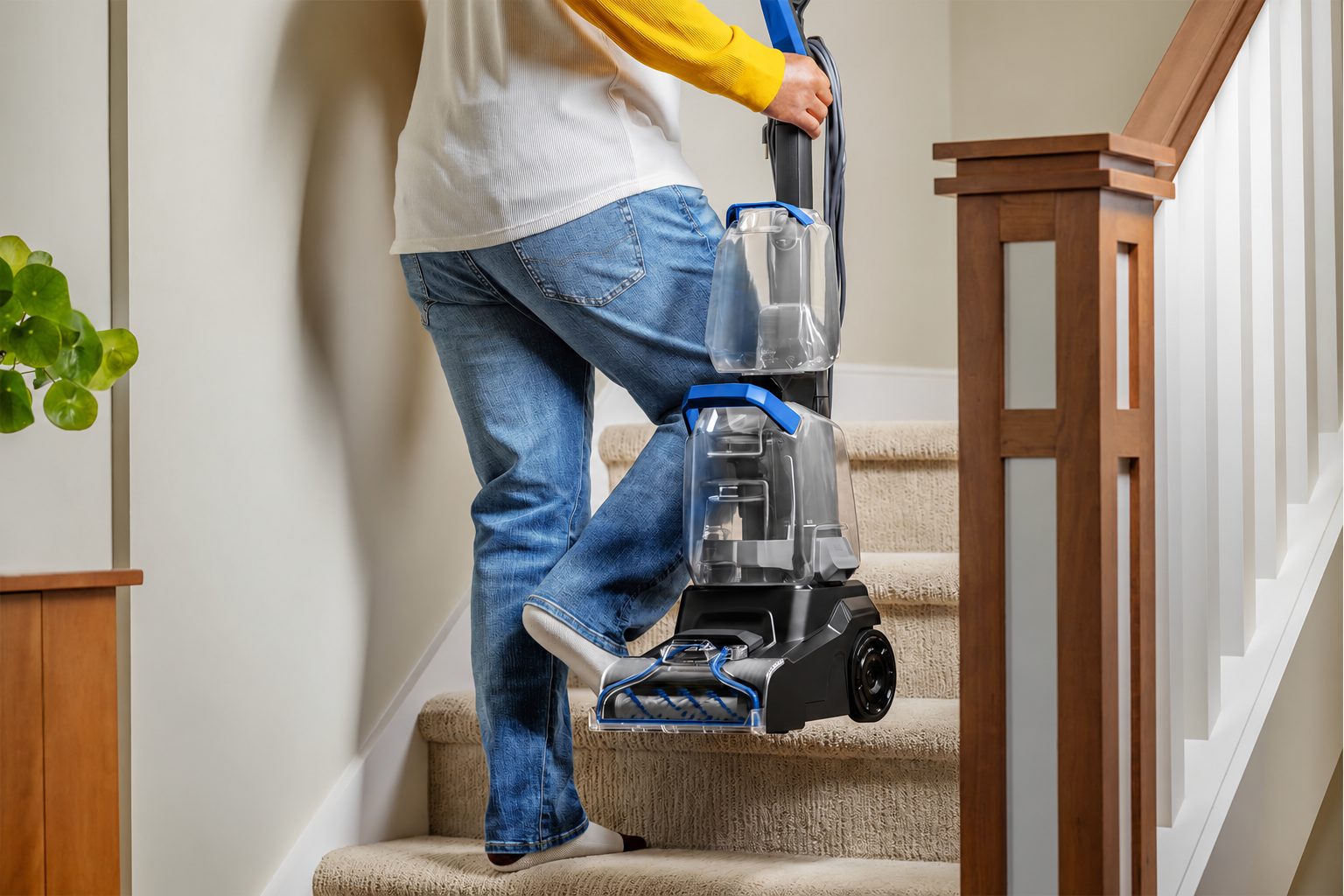 Moving the cleaner on carpeted stairs