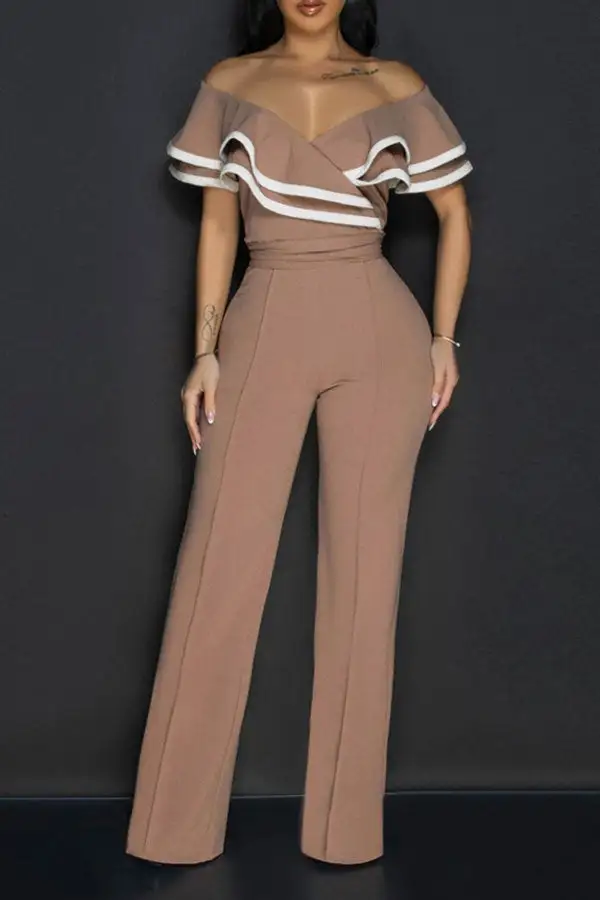 Off-Shoulder Ruffle Patchwork Lace-Up Jumpsuit