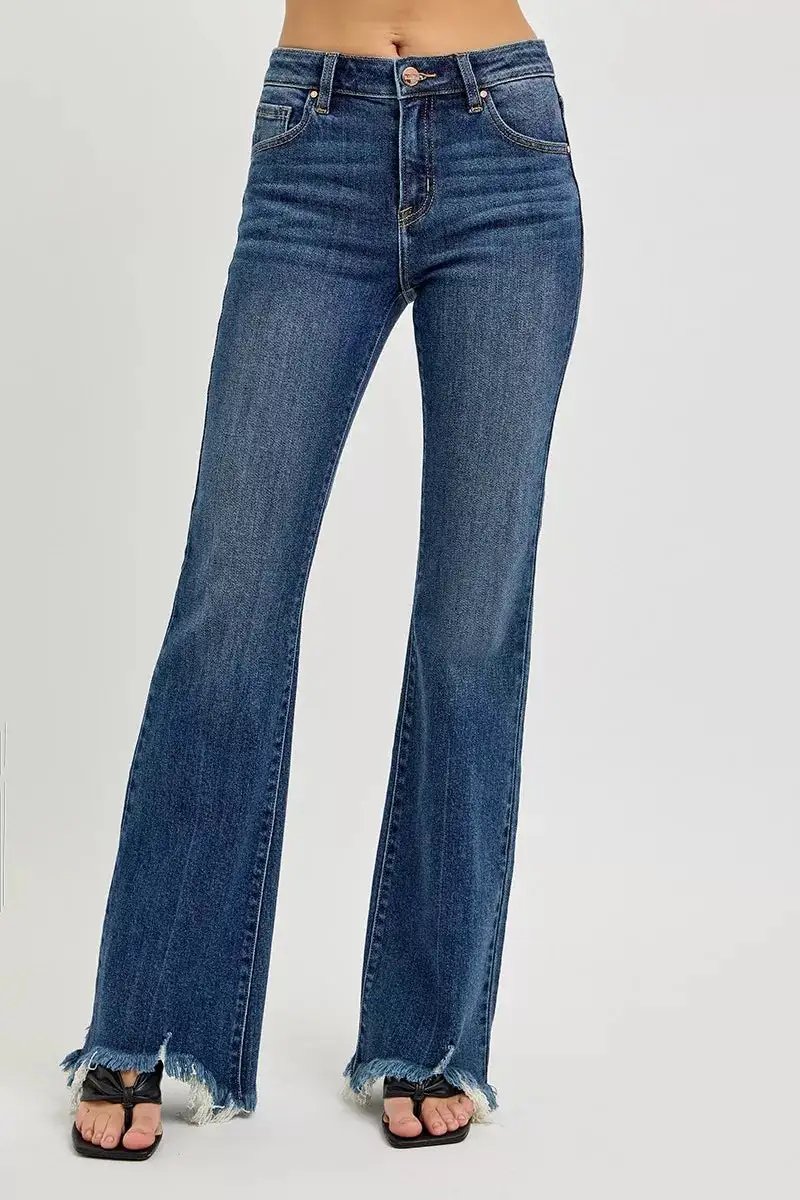 Modern Mid Rise Flare Leg Frayed Denim Jeans