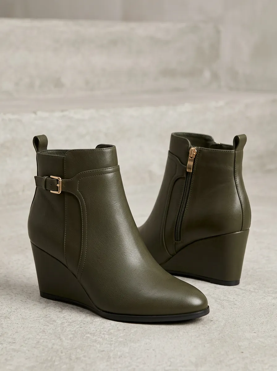 Buckle-Detail Side-Zip Women's Wedge Ankle Boots