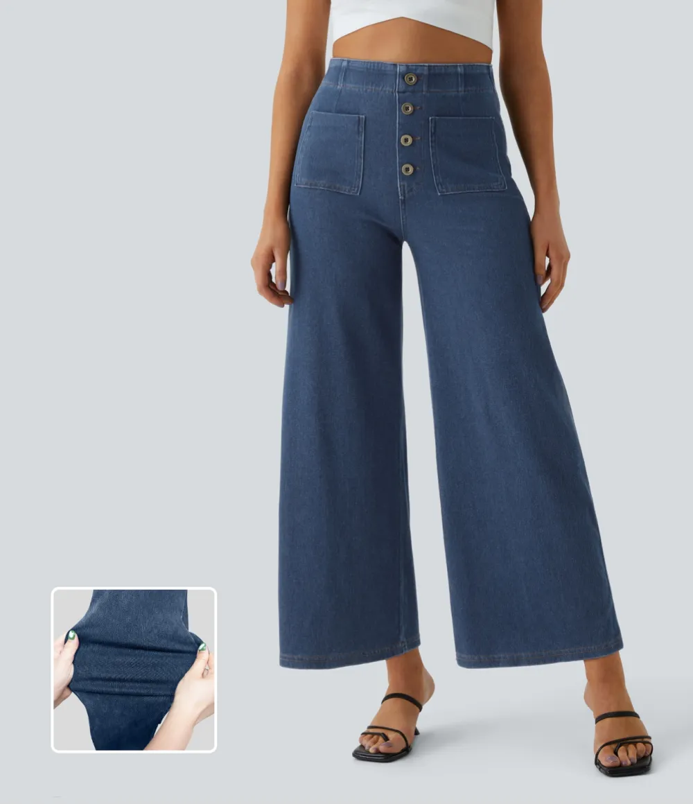 Magic High Waisted Button Pockets Washed Stretchy Knit Casual Wide Leg Jeans