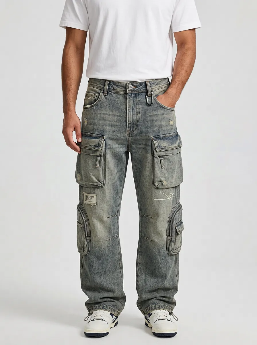 Men's Vintage Distressed Multi-Pocket Denim Cargo Jeans