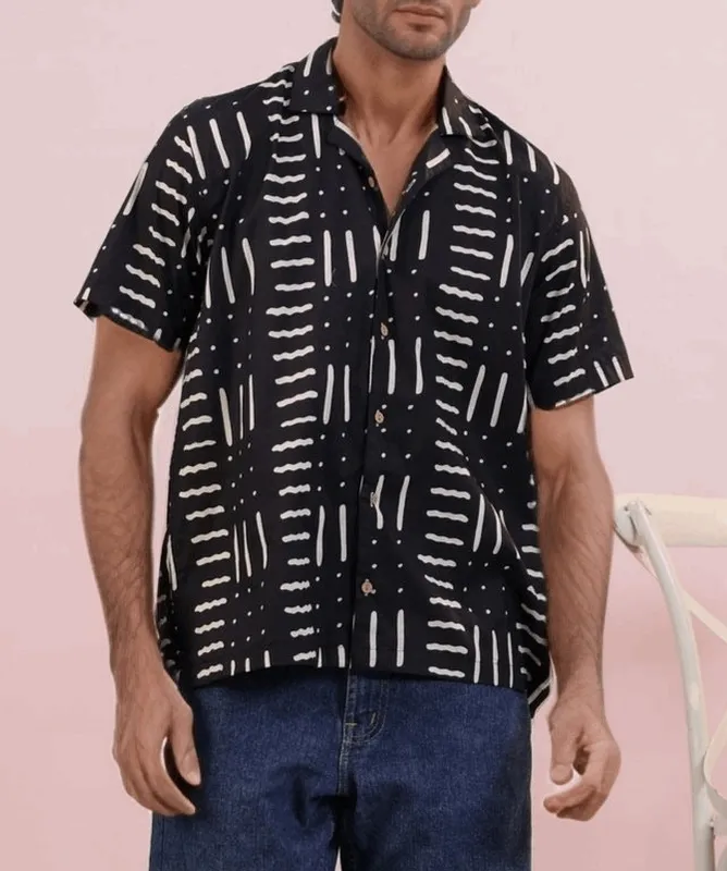 Black Abstract Mulmul Cotton Camp Collar Shirt
