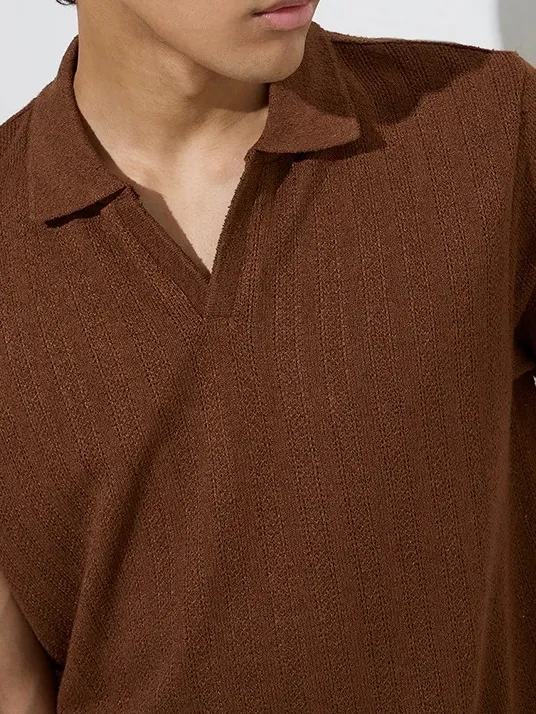 Brown Knitted Loose Polo T-Shirt