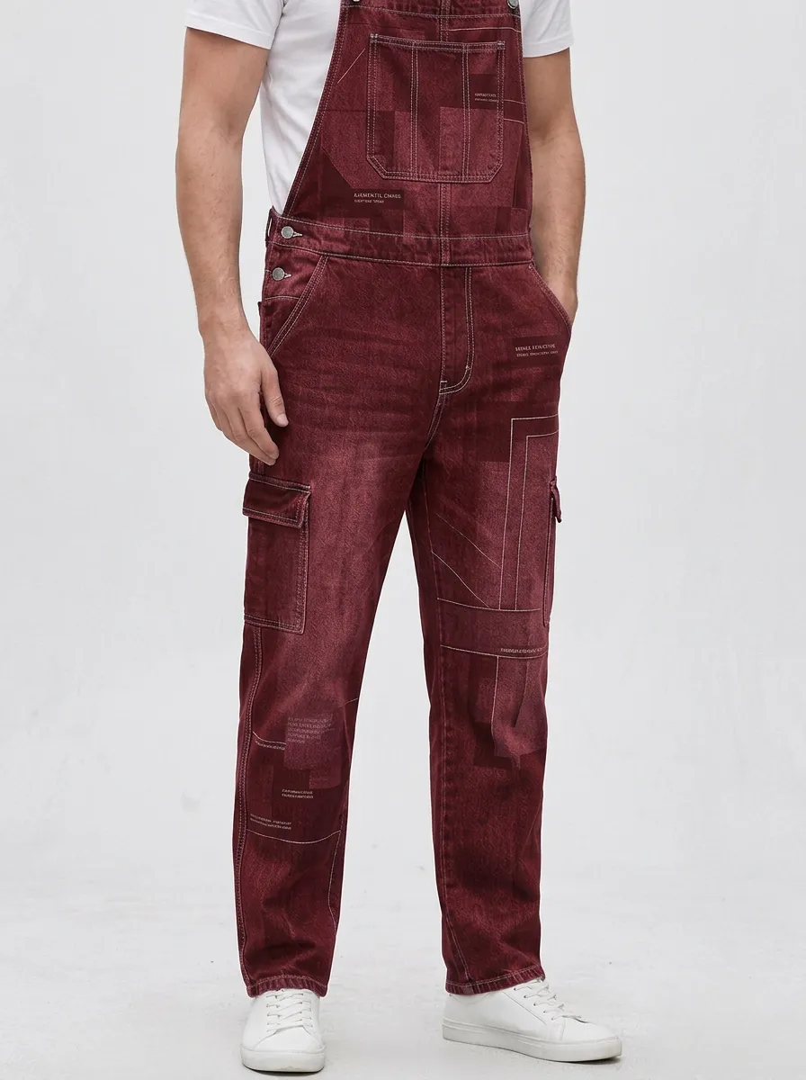 Graphic Print Denim Side Button Overalls