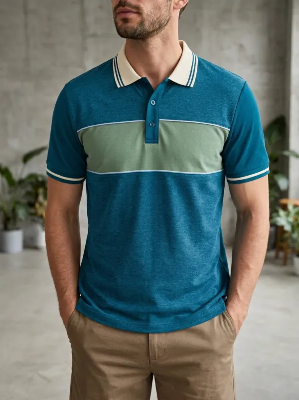 Men's Casual Vintage Colorblock Striped Polo Shirt