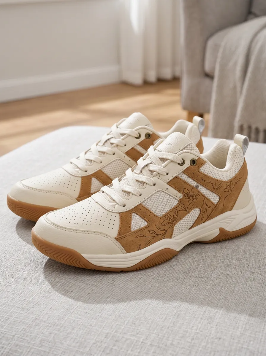 Women's Floral Pattern Beige Suede Printed Sneakers