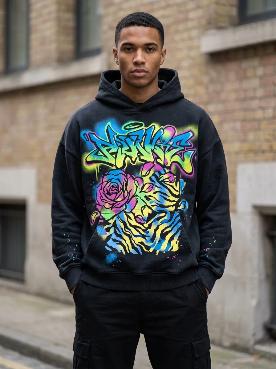 Unisex Streetwear Graffiti Rose Tiger Graphic Hoodie