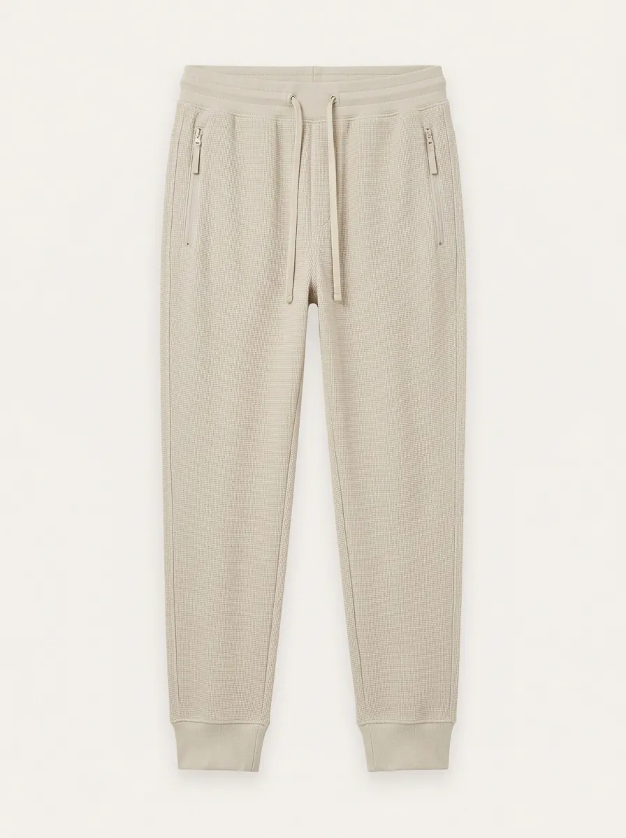 Unisex Casual Minimalist Beige Waffle Knit Zippered Joggers