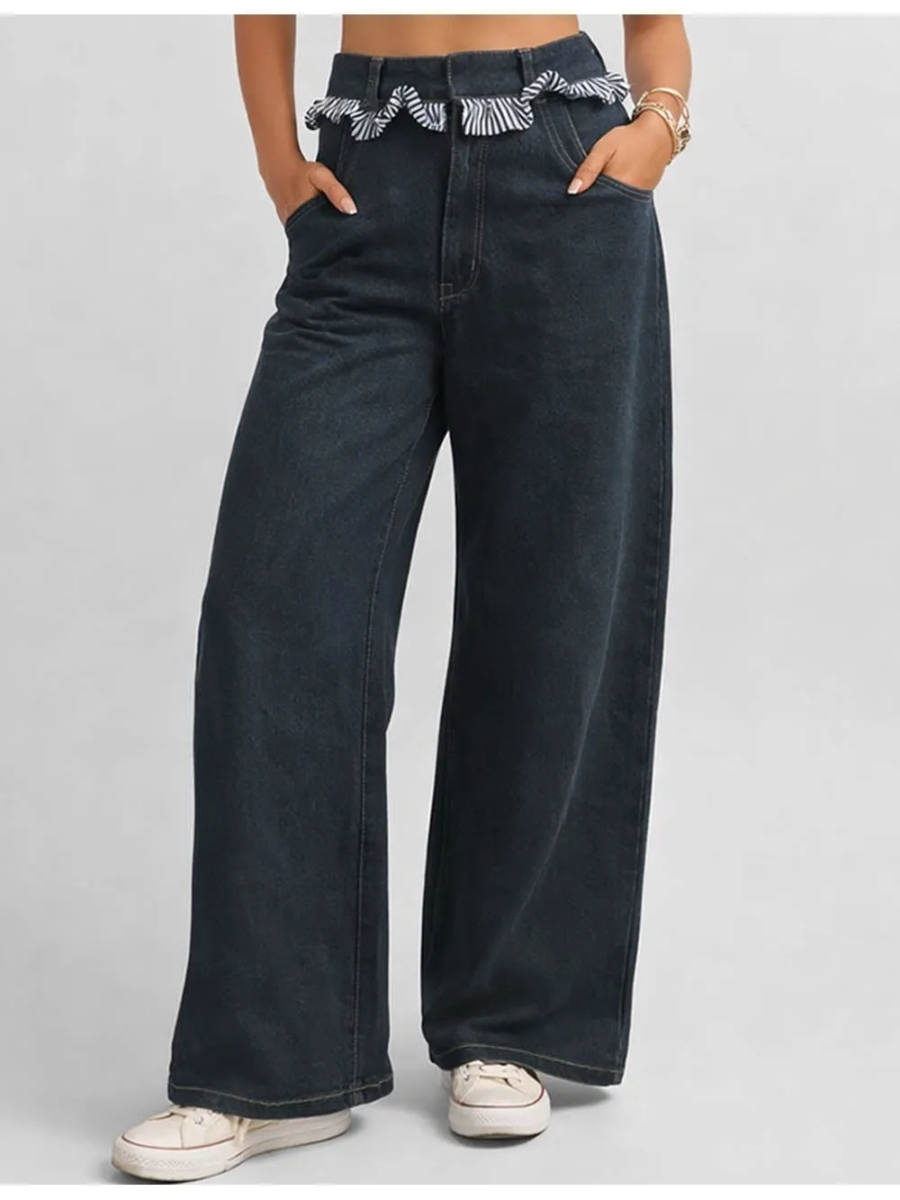 Checked Panel Button Pocket Barrel Leg Denim Pants
