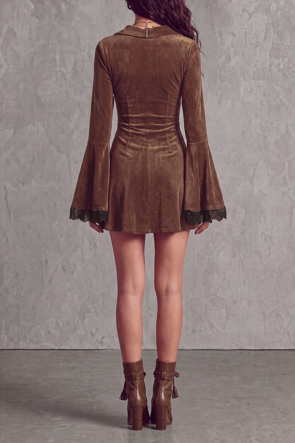 Ruched Button Front Lace Trim Lace Mini Dress