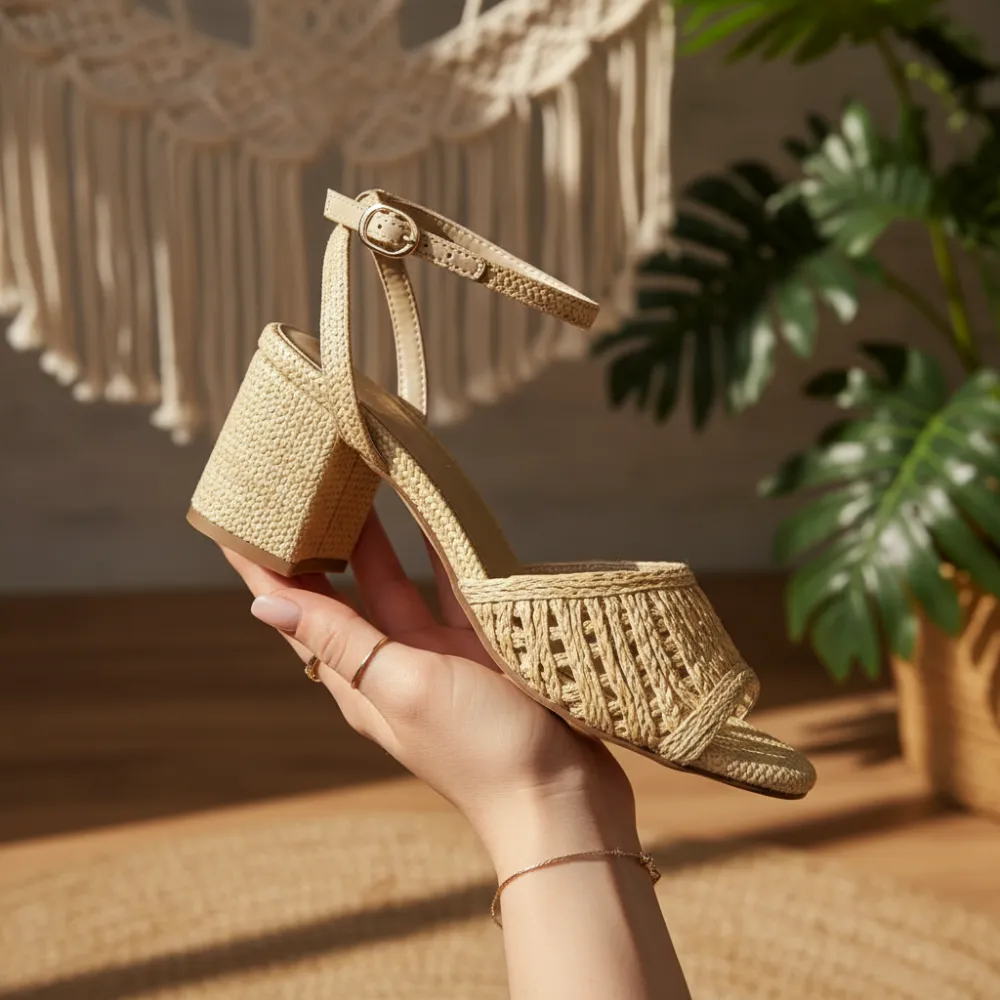 Headway Raffia Woven Band With Ankle Strap Heels