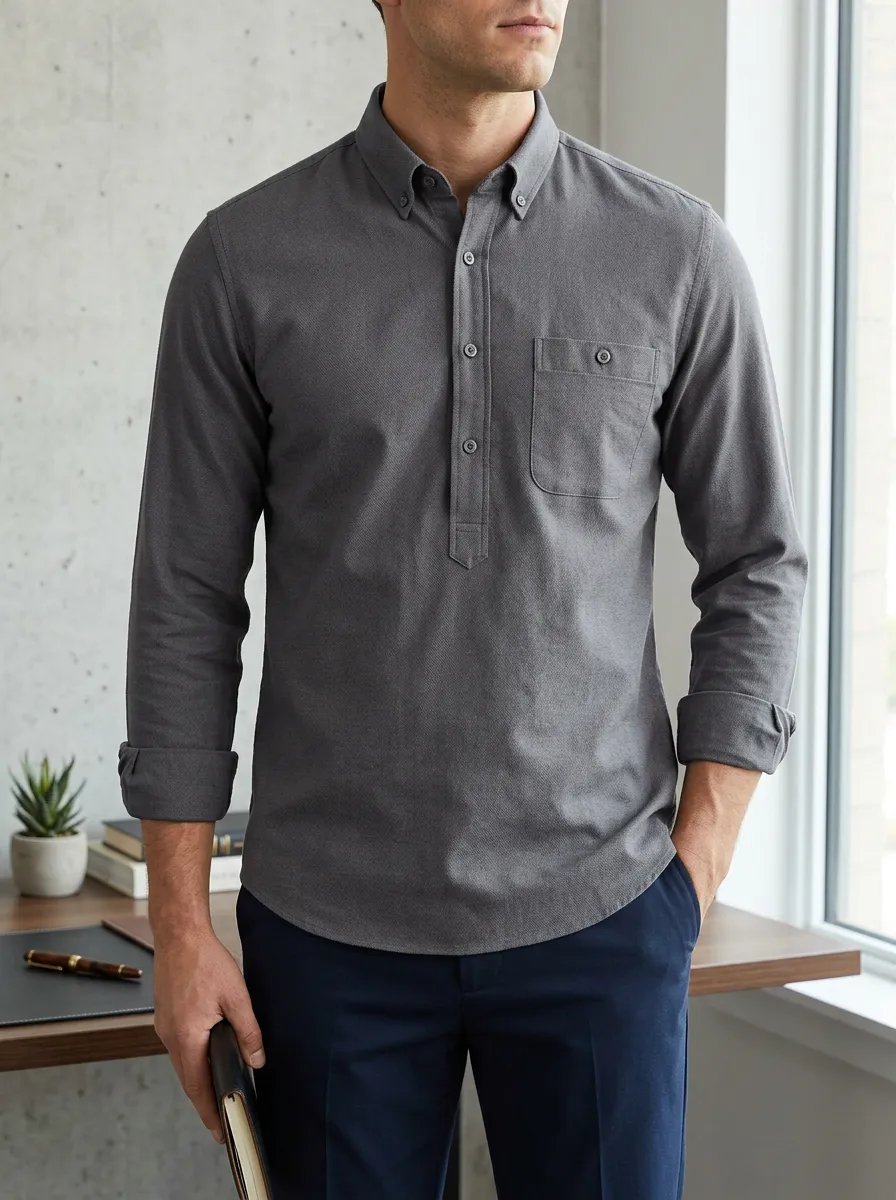 Men's Casual Business Solid Grey Slim Fit Button-Down Shirt