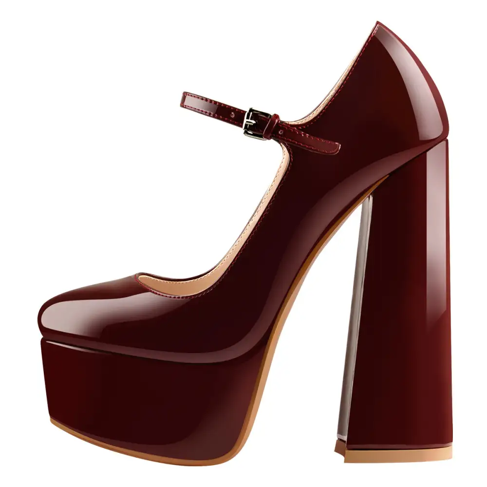 Patent Finish Pointed Toe Platform Chunky Heel Pumps