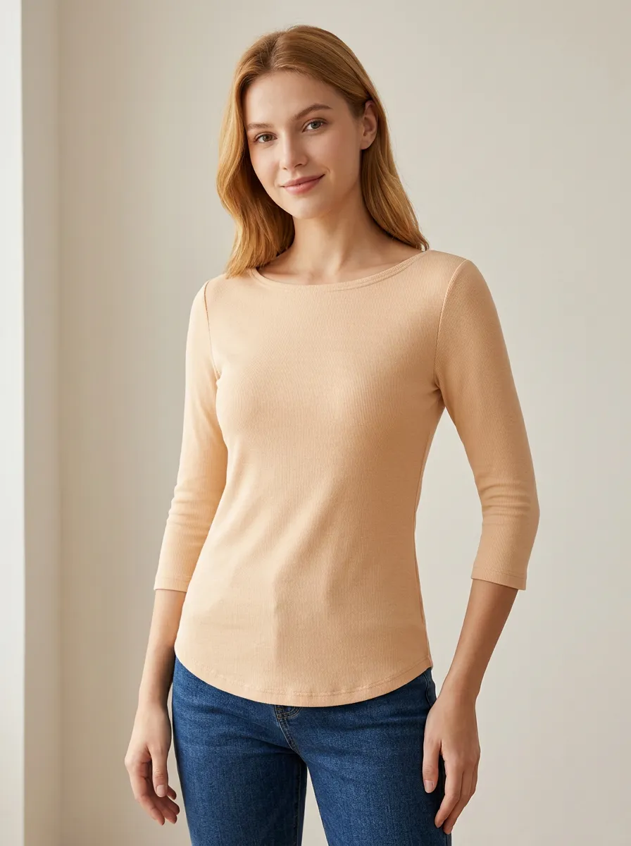 Ribbed Minimalist Women's Three-Quarter Sleeve Top
