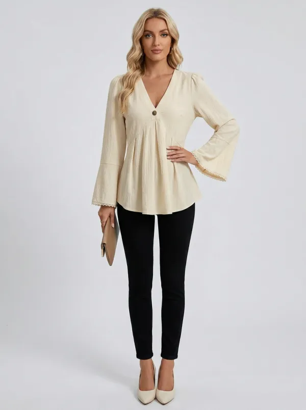 V-Neck Button Front Lace Trim Bell Sleeve Blouse