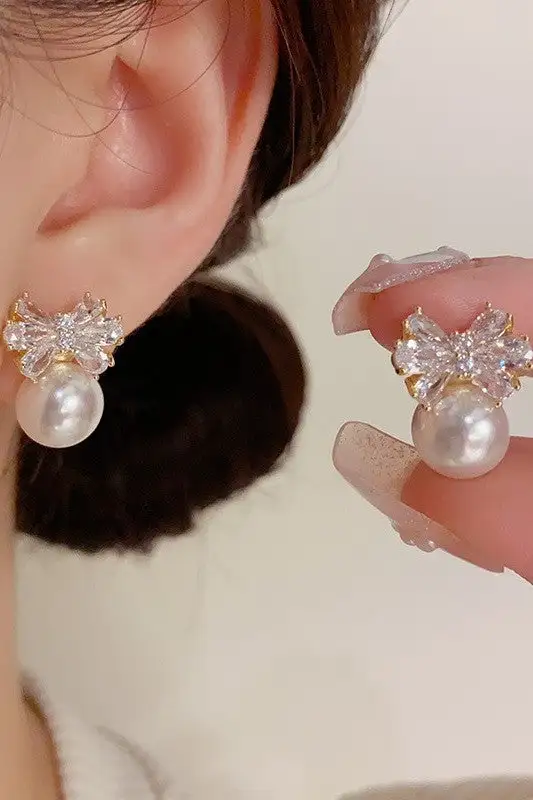 Pearl Crystal Bow Drop arrings