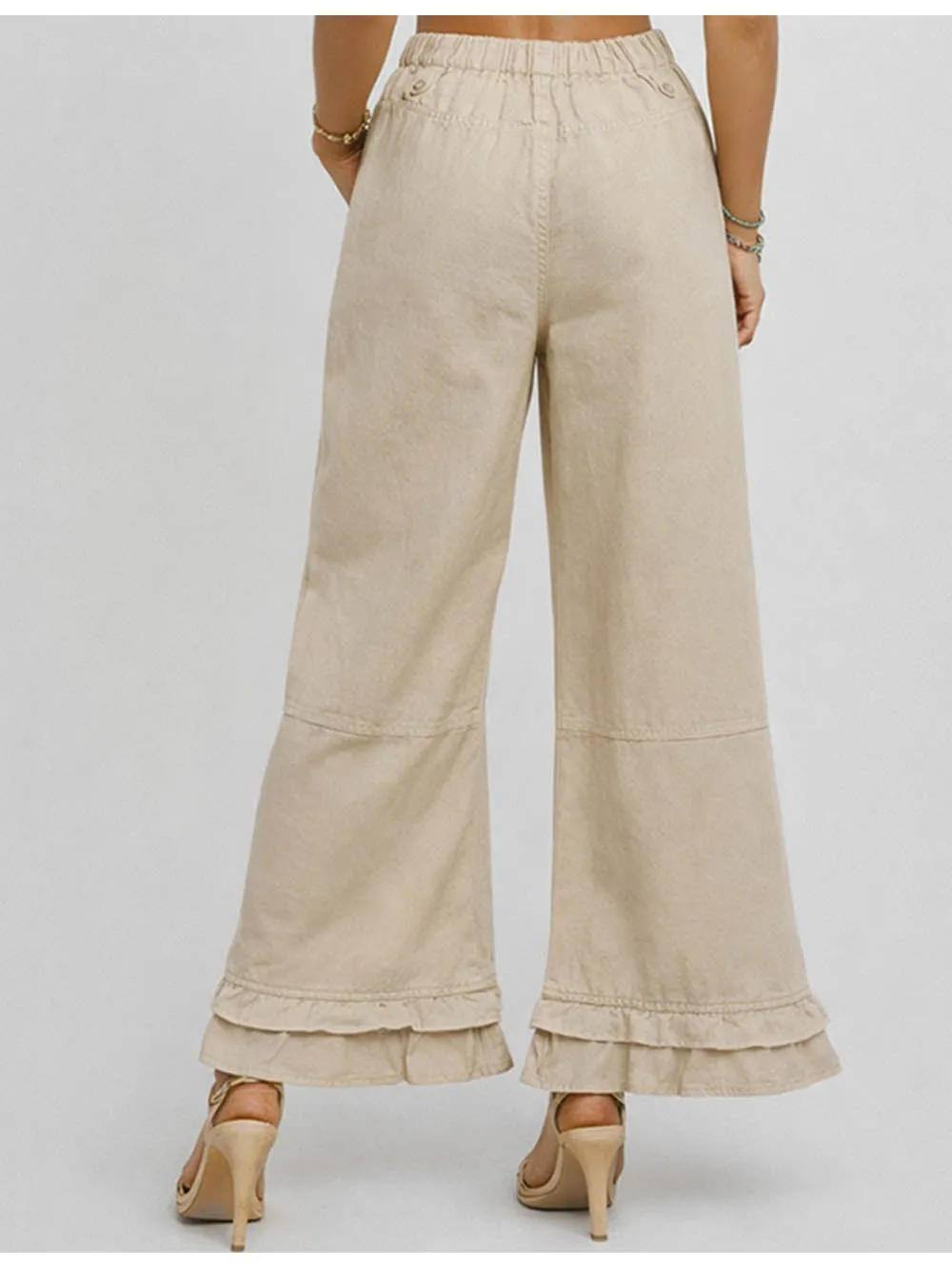 Ruffle Hem Jeans Elastic Waist Wide Leg Denim Pants