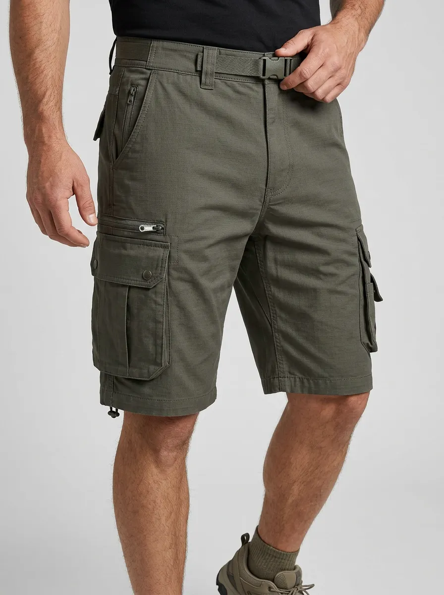 Men's Integrated Web Belt Zip Cargo Pockets Cargo Shorts