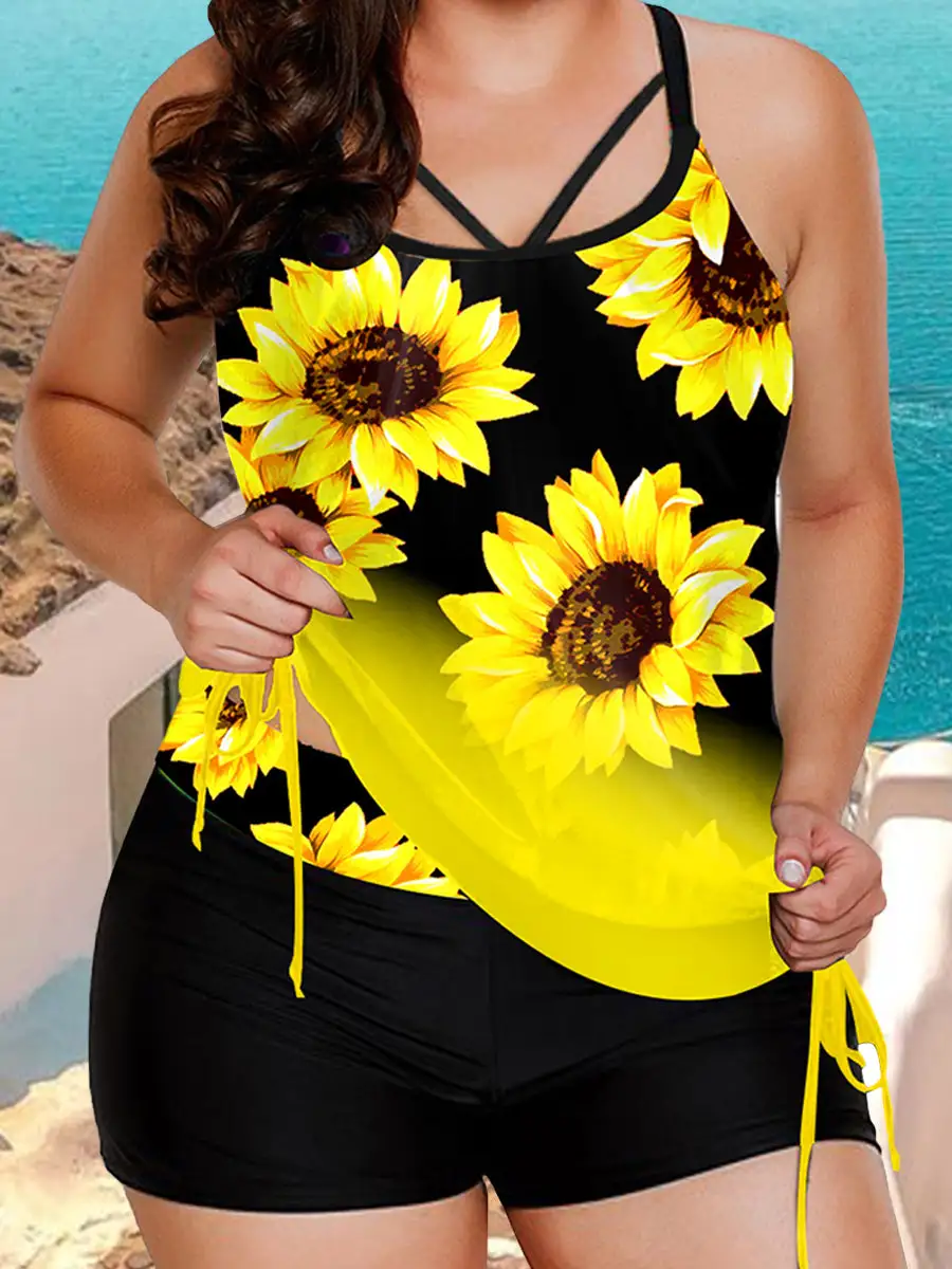 Sunflower Printed Gradient Color Plus Size Swimwear Suit