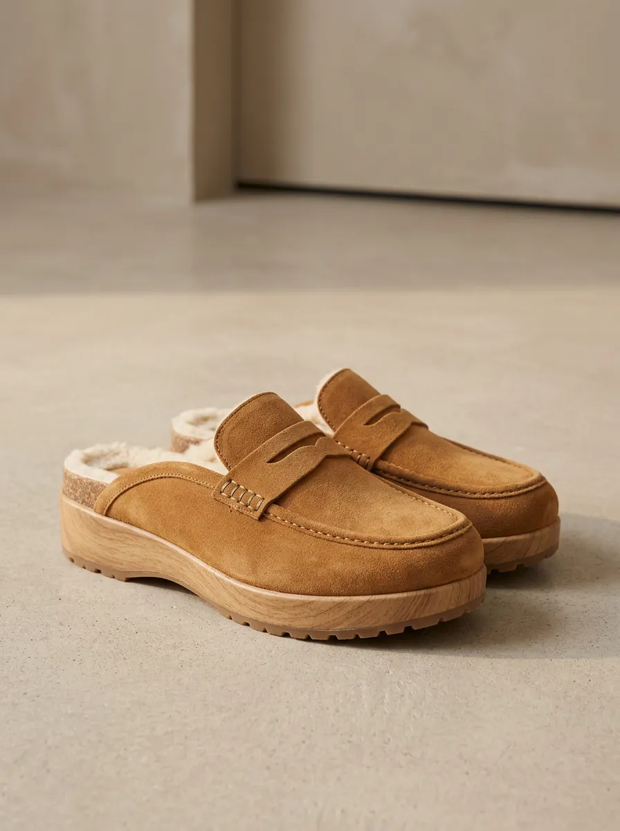 Women's Relaxed Faux Fur Lined Platform Suede Wood Sole Loafers