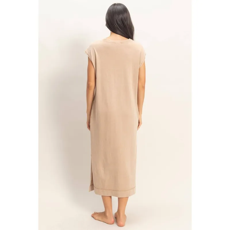 Chocolate Mineral-Wash Cap Sleeve Midi Dress