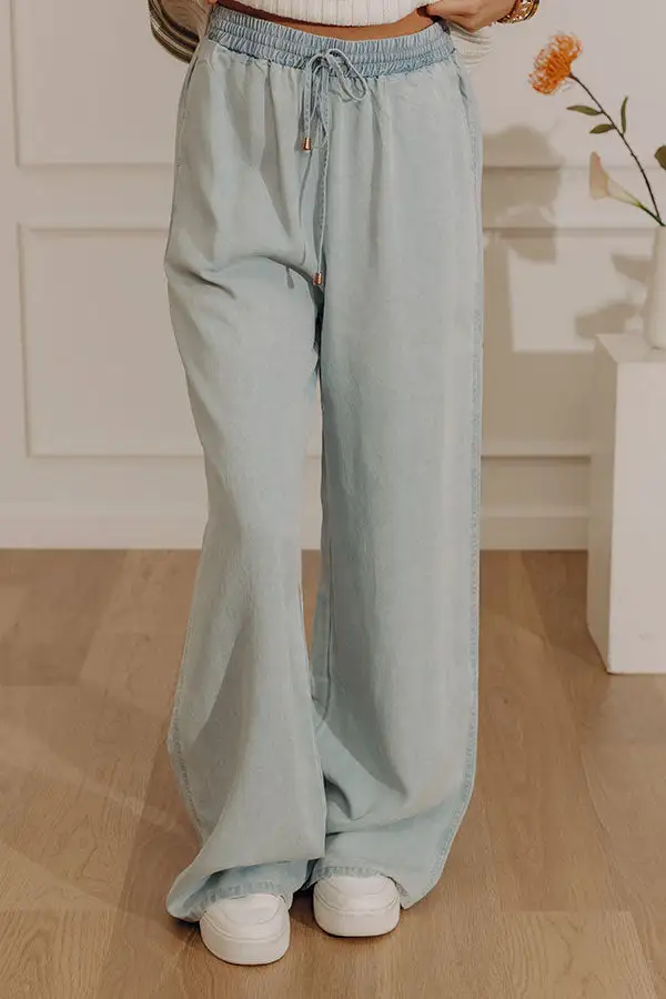 High Waist Relaxed Wide Leg Chambray Drawstring Elastic Waist Pants