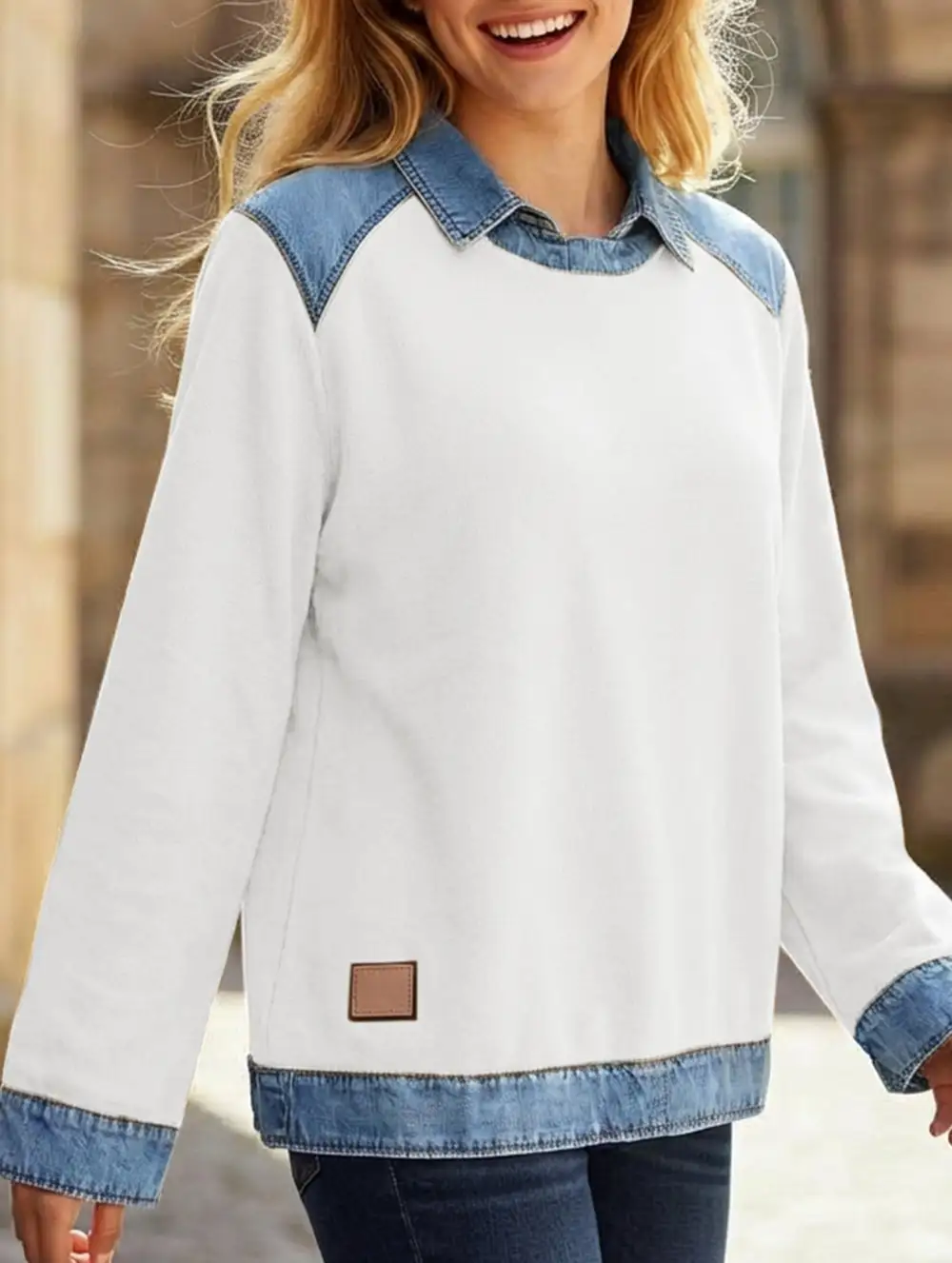 Denim Collar Patchwork Top